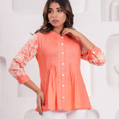 Peach Premium Rayon Casual A-Line Top With Embroidered 3/4th Sleeves