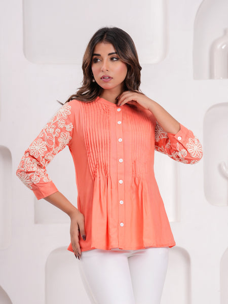 Peach Premium Rayon Casual A-Line Top With Embroidered 3/4th Sleeves