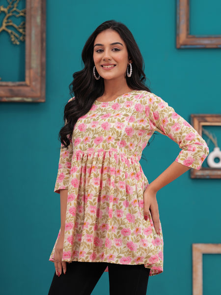Beige And Pink Pure Cotton Casual Peplum 3/4Th Sleeves Top For Women
