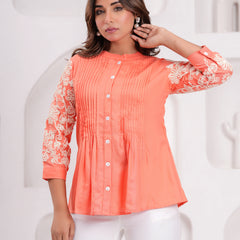 Peach Premium Rayon Casual A-Line Top With Embroidered 3/4th Sleeves