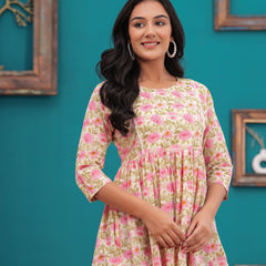 Beige And Pink Pure Cotton Casual Peplum 3/4Th Sleeves Top For Women