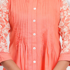 Peach Premium Rayon Casual A-Line Top With Embroidered 3/4th Sleeves