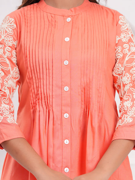 Peach Premium Rayon Casual A-Line Top With Embroidered 3/4th Sleeves