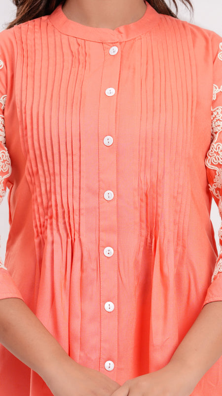 Peach Premium Rayon Casual A-Line Top With Embroidered 3/4th Sleeves