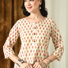 Cream Butti Pure Cotton Casual 3/4th Sleeves Top for women