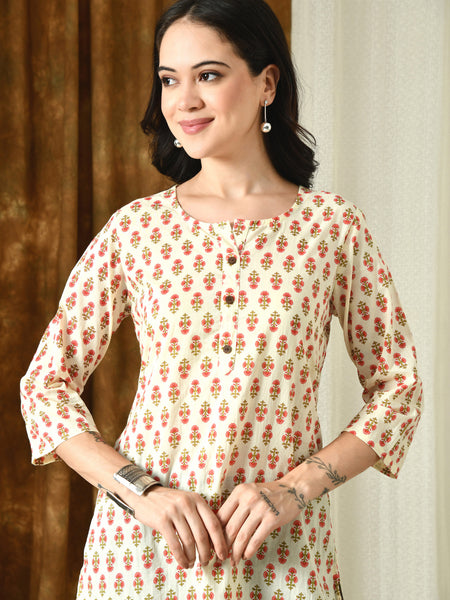 Cream Butti Pure Cotton Casual 3/4th Sleeves Top for women