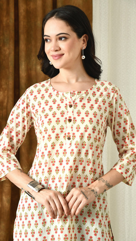 Cream Butti Pure Cotton Casual 3/4th Sleeves Top for women