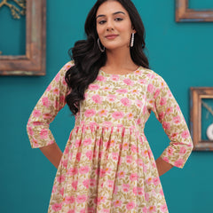 Beige And Pink Pure Cotton Casual Peplum 3/4Th Sleeves Top For Women