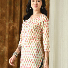 Cream Butti Pure Cotton Casual 3/4th Sleeves Top for women