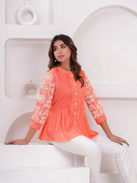 Peach Premium Rayon Casual A-Line Top With Embroidered 3/4th Sleeves