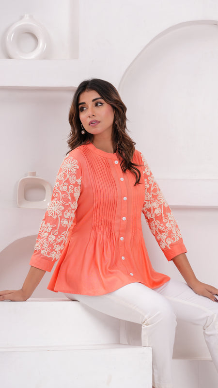 Peach Premium Rayon Casual A-Line Top With Embroidered 3/4th Sleeves