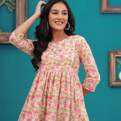 Beige And Pink Pure Cotton Casual Peplum 3/4Th Sleeves Top For Women