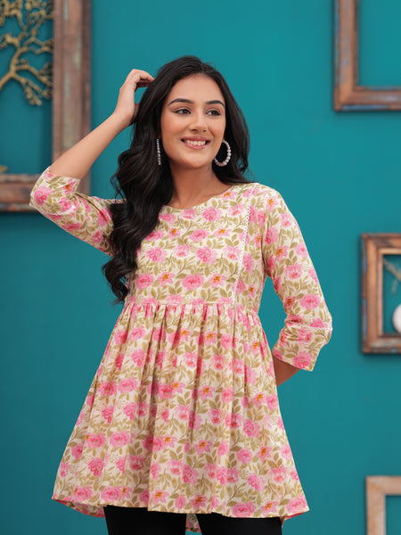 Beige And Pink Pure Cotton Casual Peplum 3/4Th Sleeves Top For Women