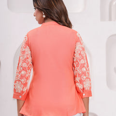 Peach Premium Rayon Casual A-Line Top With Embroidered 3/4th Sleeves