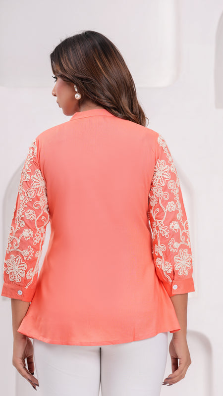 Peach Premium Rayon Casual A-Line Top With Embroidered 3/4th Sleeves
