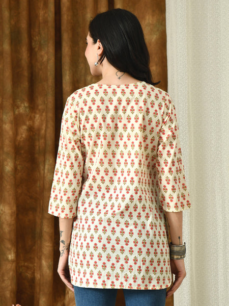 Cream Butti Pure Cotton Casual 3/4th Sleeves Top for women