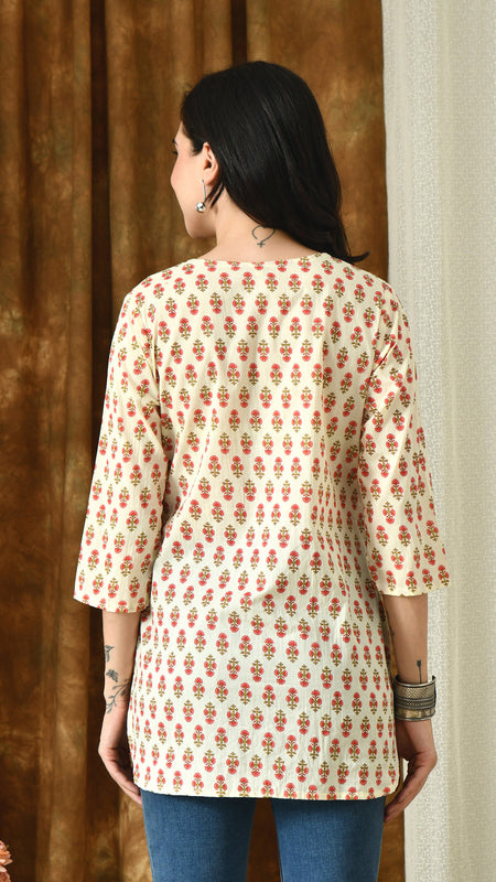Cream Butti Pure Cotton Casual 3/4th Sleeves Top for women