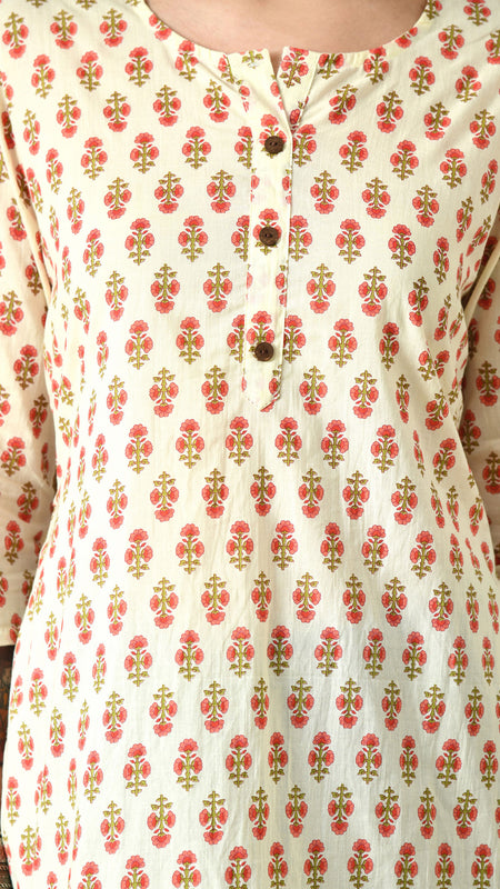 Cream Butti Pure Cotton Casual 3/4th Sleeves Top for women