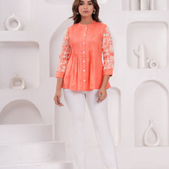 Peach Premium Rayon Casual A-Line Top With Embroidered 3/4th Sleeves