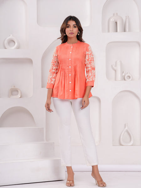 Peach Premium Rayon Casual A-Line Top With Embroidered 3/4th Sleeves