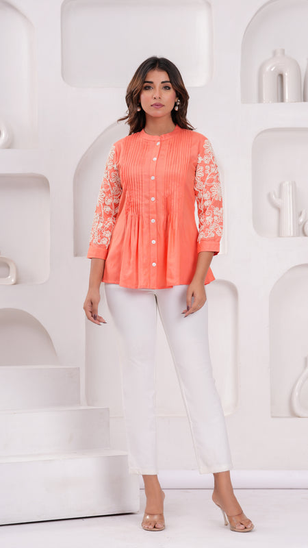 Peach Premium Rayon Casual A-Line Top With Embroidered 3/4th Sleeves