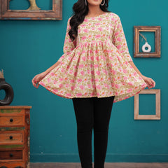 Beige And Pink Pure Cotton Casual Peplum 3/4Th Sleeves Top For Women