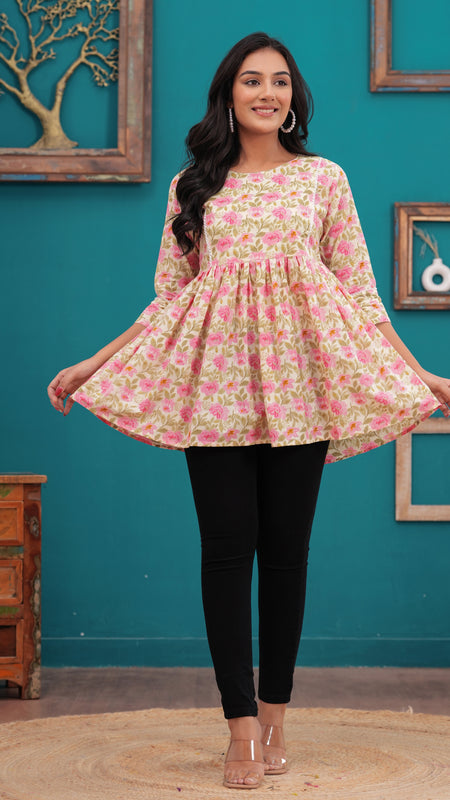 Beige And Pink Pure Cotton Casual Peplum 3/4Th Sleeves Top For Women