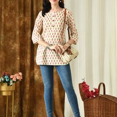 Cream Butti Pure Cotton Casual 3/4th Sleeves Top for women