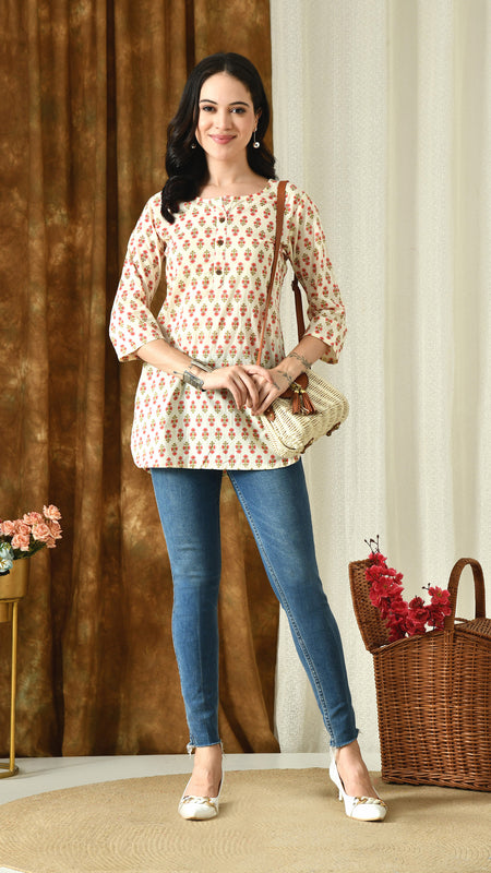 Cream Butti Pure Cotton Casual 3/4th Sleeves Top for women