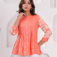 Peach Premium Rayon Casual A-Line Top With Embroidered 3/4th Sleeves