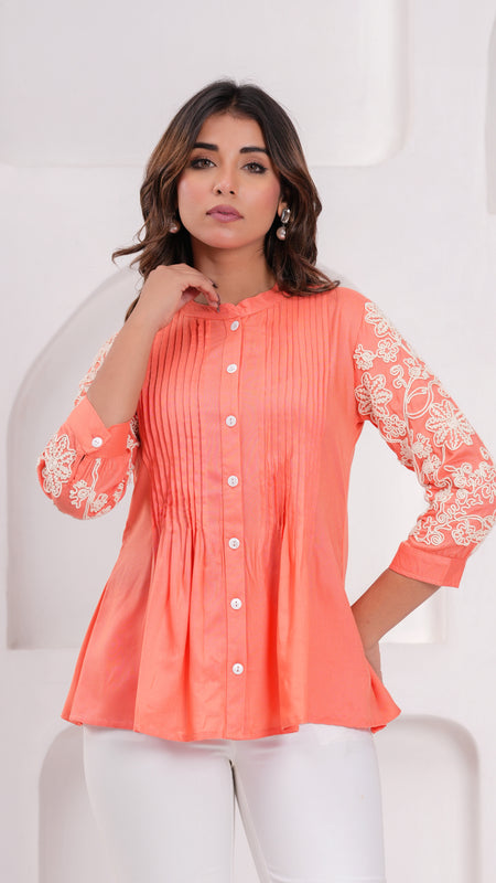 Peach Premium Rayon Casual A-Line Top With Embroidered 3/4th Sleeves