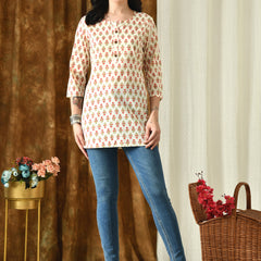 Cream Butti Pure Cotton Casual 3/4th Sleeves Top for women
