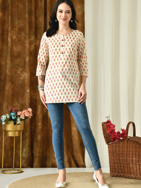 Cream Butti Pure Cotton Casual 3/4th Sleeves Top for women