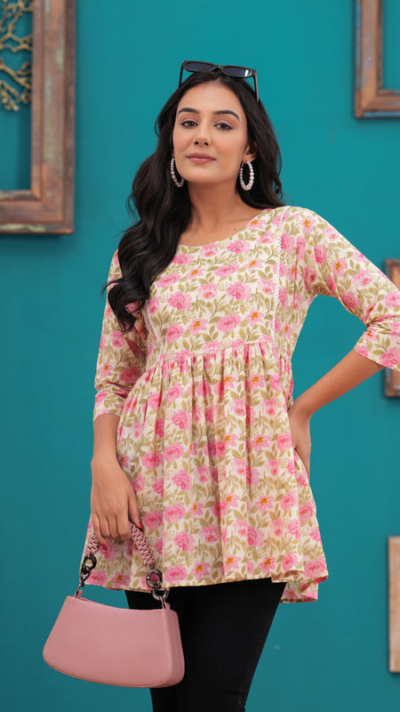 Beige And Pink Pure Cotton Casual Peplum 3/4Th Sleeves Top For Women