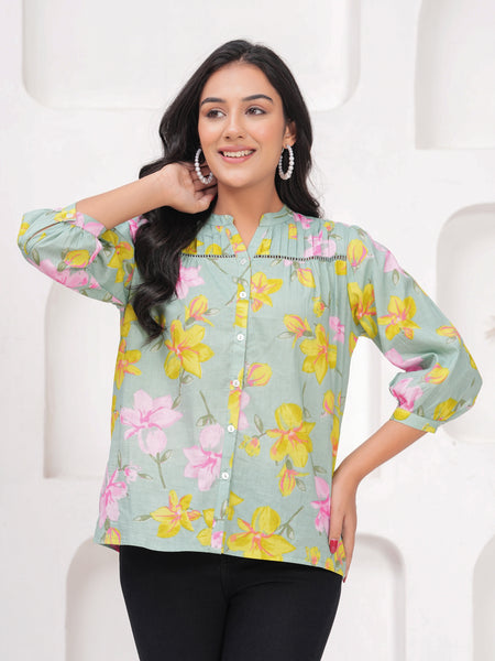 Sage Green Pure Cotton Casual Relaxed Fit 3/4Th Sleeves Top For Women
