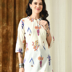 Cream Floral Pure Cotton Casual 3/4th Sleeves Top for women