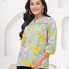 Sage Green Pure Cotton Casual Relaxed Fit 3/4Th Sleeves Top For Women