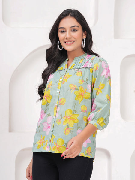 Sage Green Pure Cotton Casual Relaxed Fit 3/4Th Sleeves Top For Women
