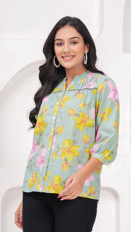Sage Green Pure Cotton Casual Relaxed Fit 3/4Th Sleeves Top For Women