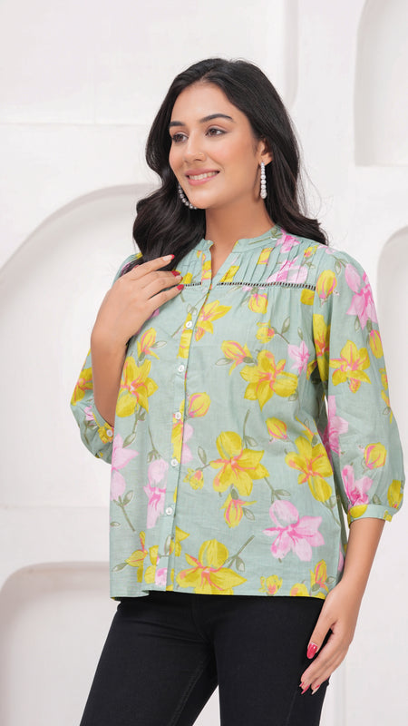 Sage Green Pure Cotton Casual Relaxed Fit 3/4Th Sleeves Top For Women