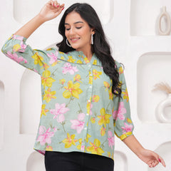 Sage Green Pure Cotton Casual Relaxed Fit 3/4Th Sleeves Top For Women