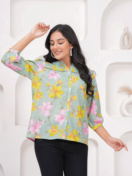 Sage Green Pure Cotton Casual Relaxed Fit 3/4Th Sleeves Top For Women