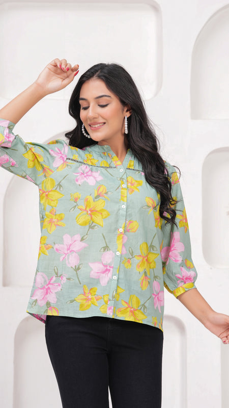 Sage Green Pure Cotton Casual Relaxed Fit 3/4Th Sleeves Top For Women