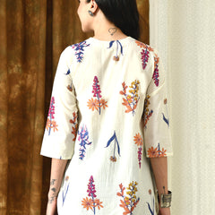 Cream Floral Pure Cotton Casual 3/4th Sleeves Top for women