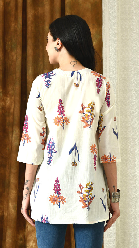 Cream Floral Pure Cotton Casual 3/4th Sleeves Top for women