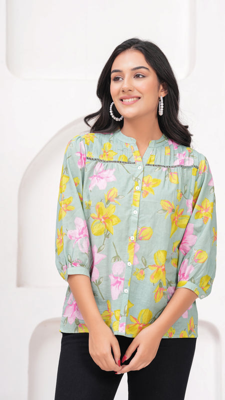 Sage Green Pure Cotton Casual Relaxed Fit 3/4Th Sleeves Top For Women