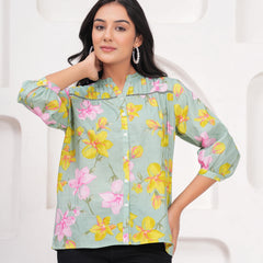 Sage Green Pure Cotton Casual Relaxed Fit 3/4Th Sleeves Top For Women