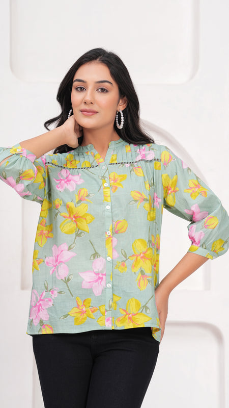 Sage Green Pure Cotton Casual Relaxed Fit 3/4Th Sleeves Top For Women