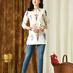 Cream Floral Pure Cotton Casual 3/4th Sleeves Top for women