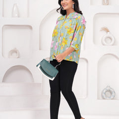 Sage Green Pure Cotton Casual Relaxed Fit 3/4Th Sleeves Top For Women